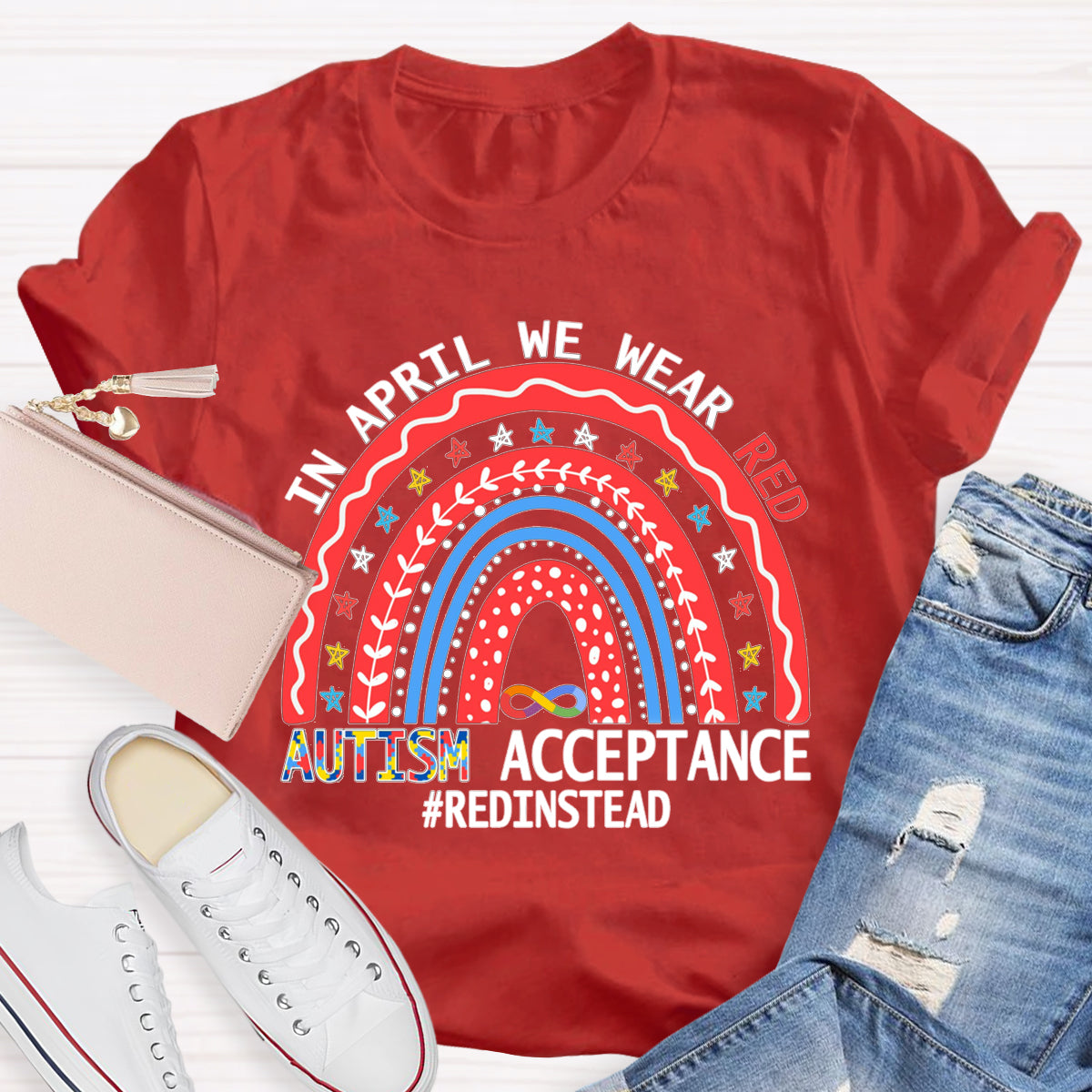 In April We Wear Red Autism Acceptance T-Shirt