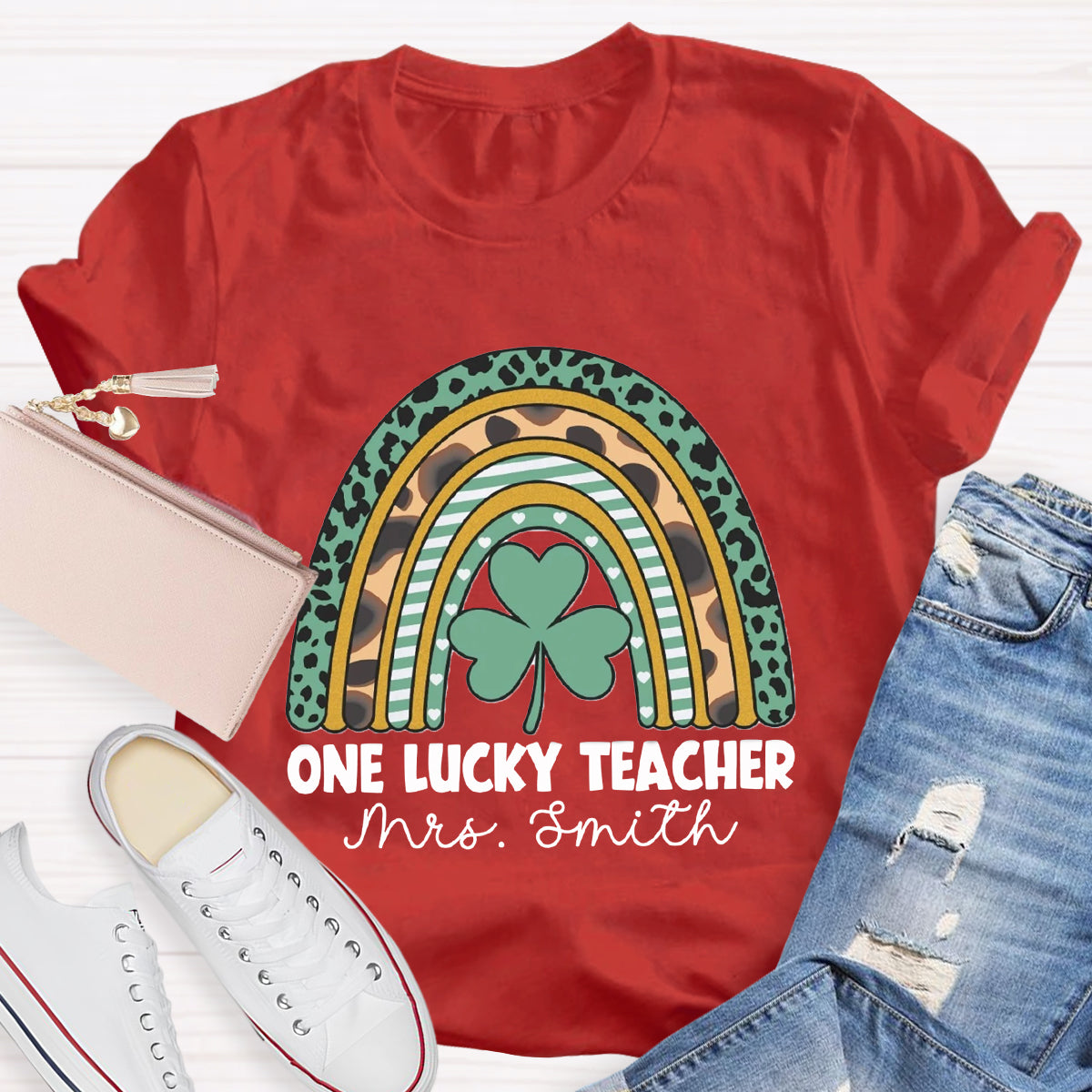 Personalized Name One Lucky Teacher Leopard Rainbow T-Shirt