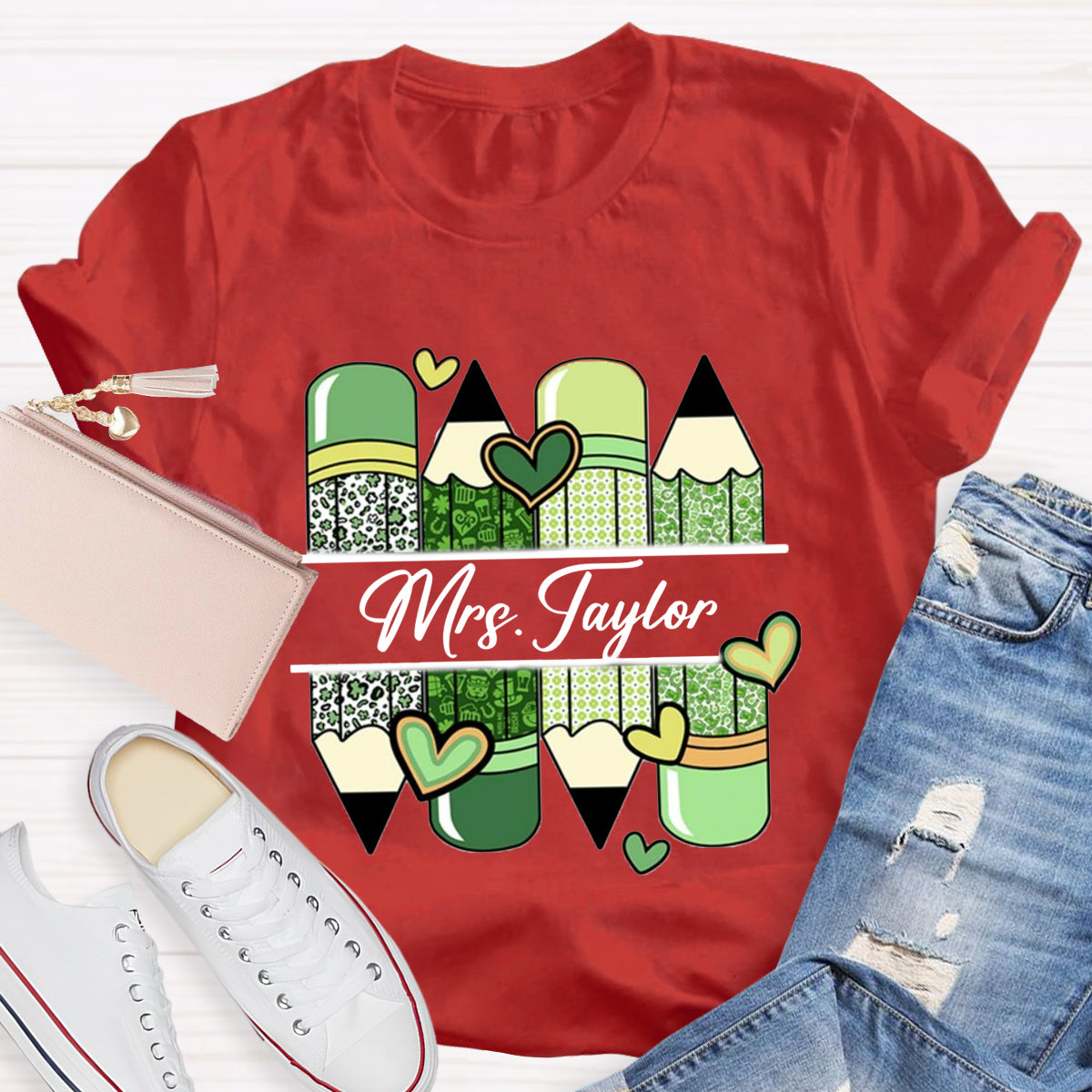 Personalized Name Green Heart Pencil Teacher T-Shirt