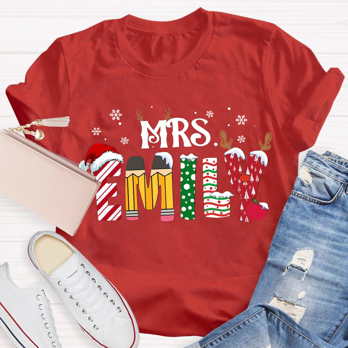 Personalized Name Christmas Teacher Emily T-Shirt