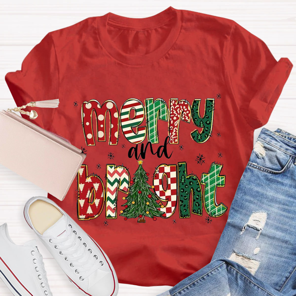 Merry and Bright Retro Christmas Tree Teacher T-Shirt