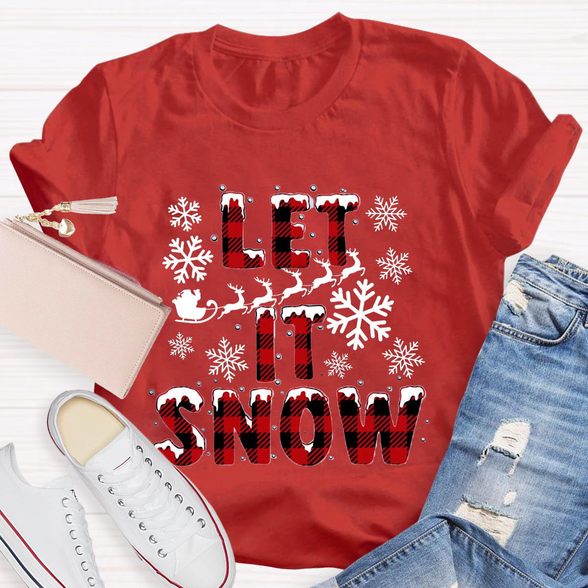 Let It Snow Red Plaid Teacher T-Shirt