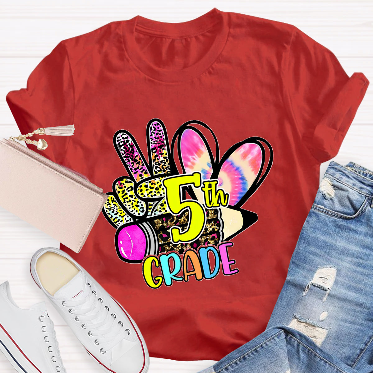 Personalized Grade Colorful  Leopard Heart  5th Grade Teacher T-Shirt