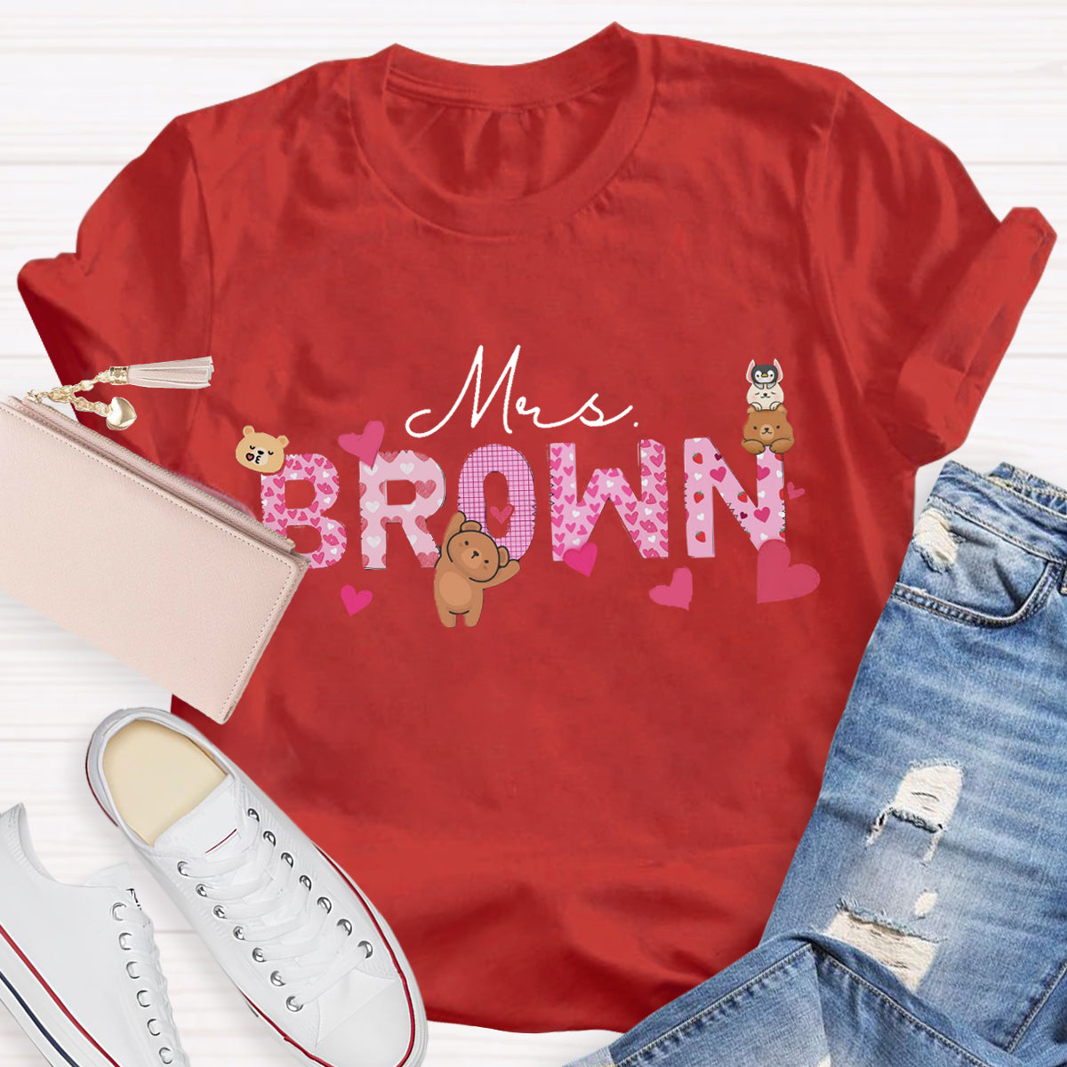 Personalized Name Pink Heart Teacher T-Shirt