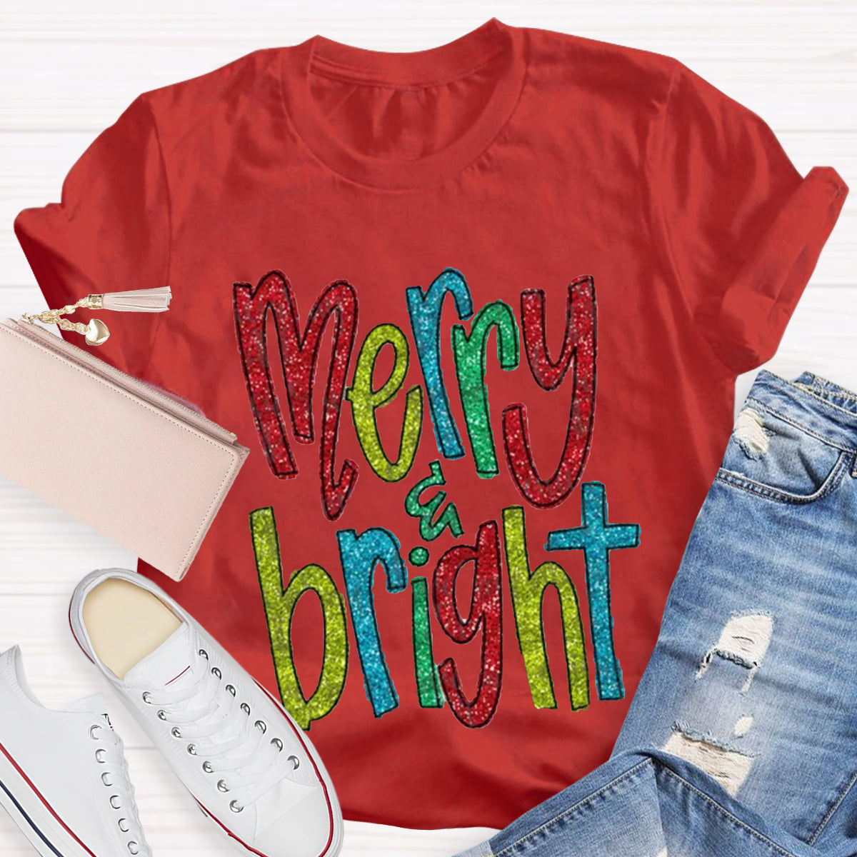 Glitter Merry And Bright Teacher T-Shirt