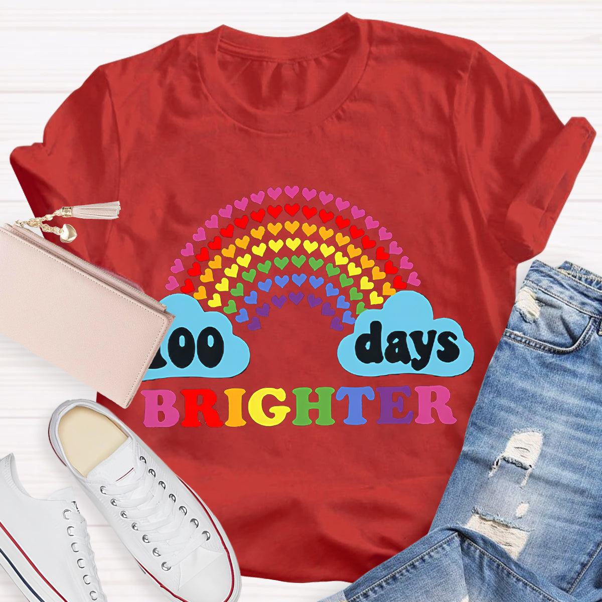 100 Days Brighter Heart Rainbow Teacher T-Shirt