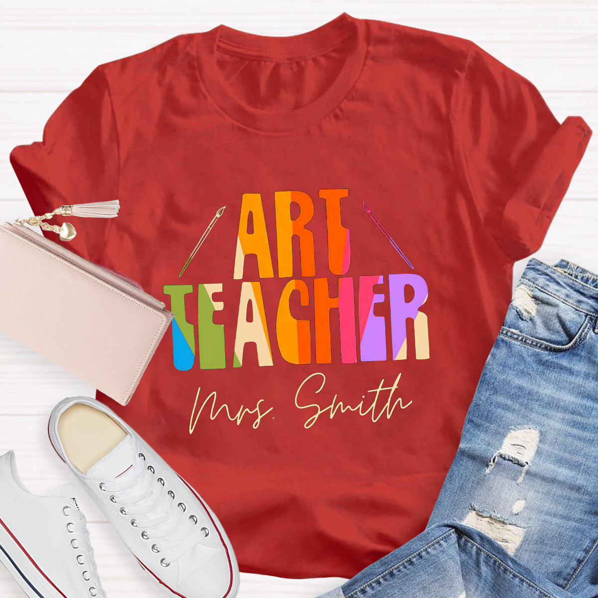 Personalized Name And Art Simple Color Teacher T-Shirt