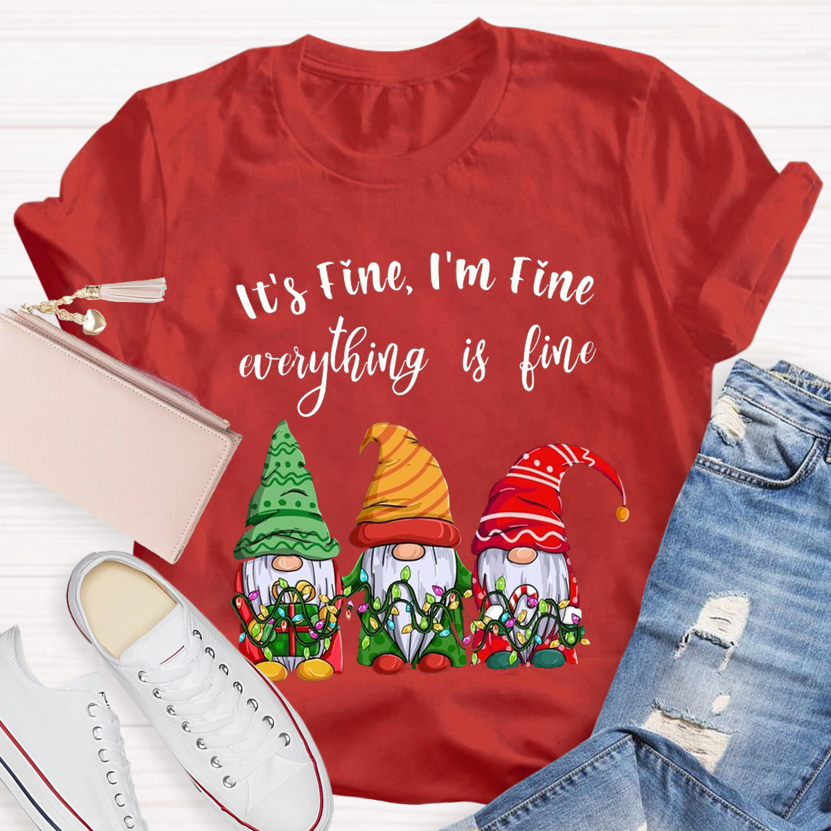 It's Fine I'm Fine Everything Is Fine Gnome Christmas Teacher T-Shirt