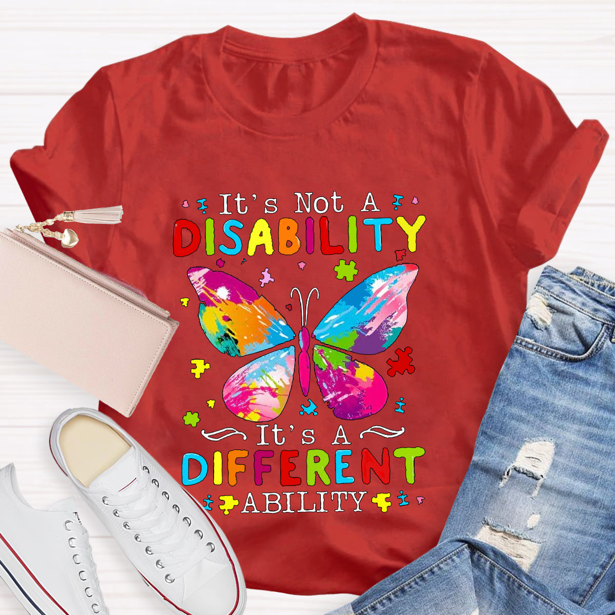 It's Not A Disability It's A Different Ability Puzzle Butterfly Teacher T-Shirt