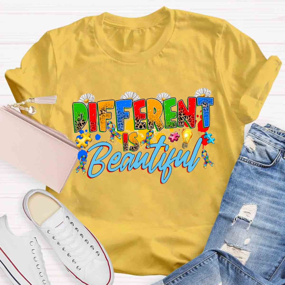 Different Is Beautiful Floral Teacher T-Shirt