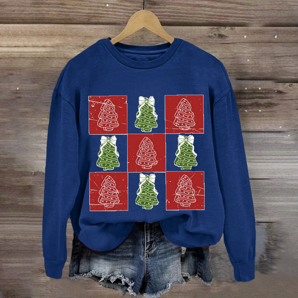 Retro Checkered Christmas Tree Cake Coquette Bow Sweatshirt