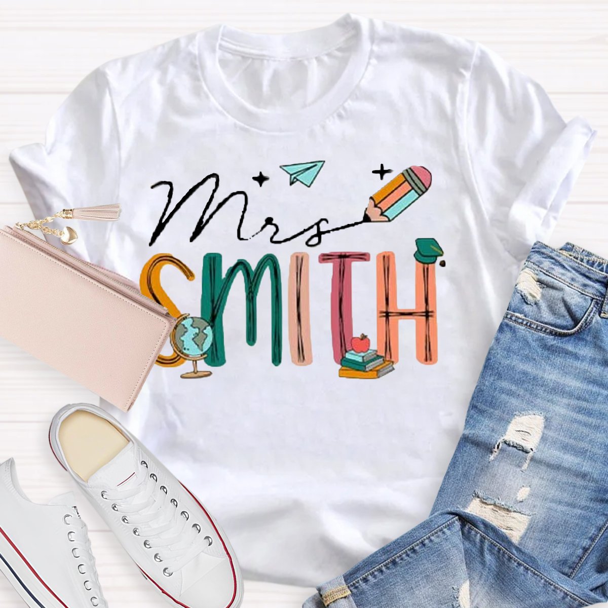 Personalized Name Earth Pencil Design Custom Teacher Shirt