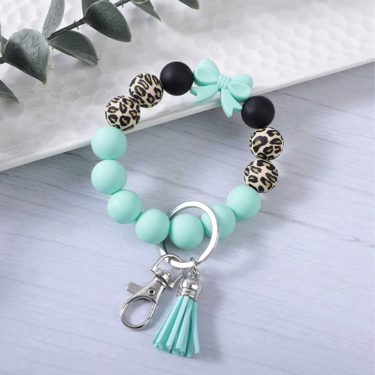 Colorful bow leopard print bracelet keychain