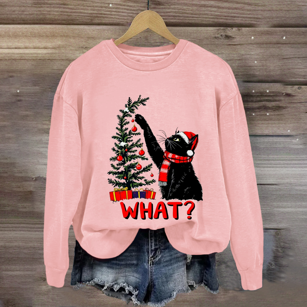 Black Cat Pushing Christmas Tree Sweatshirt