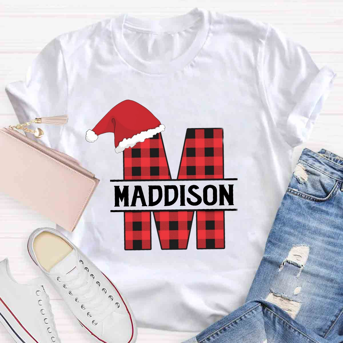 Personalized Name Plaid Christmas Name T-Shirt