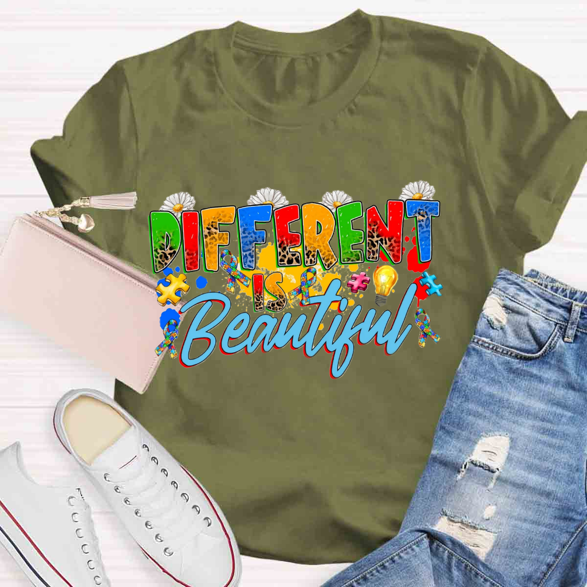 Different Is Beautiful Floral Teacher T-Shirt