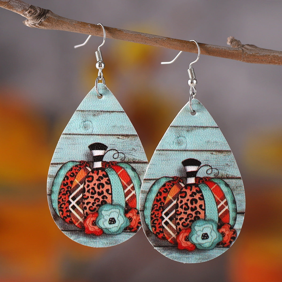 Maple Leaf Leopard Print Pumpkin Teardrop Earrings