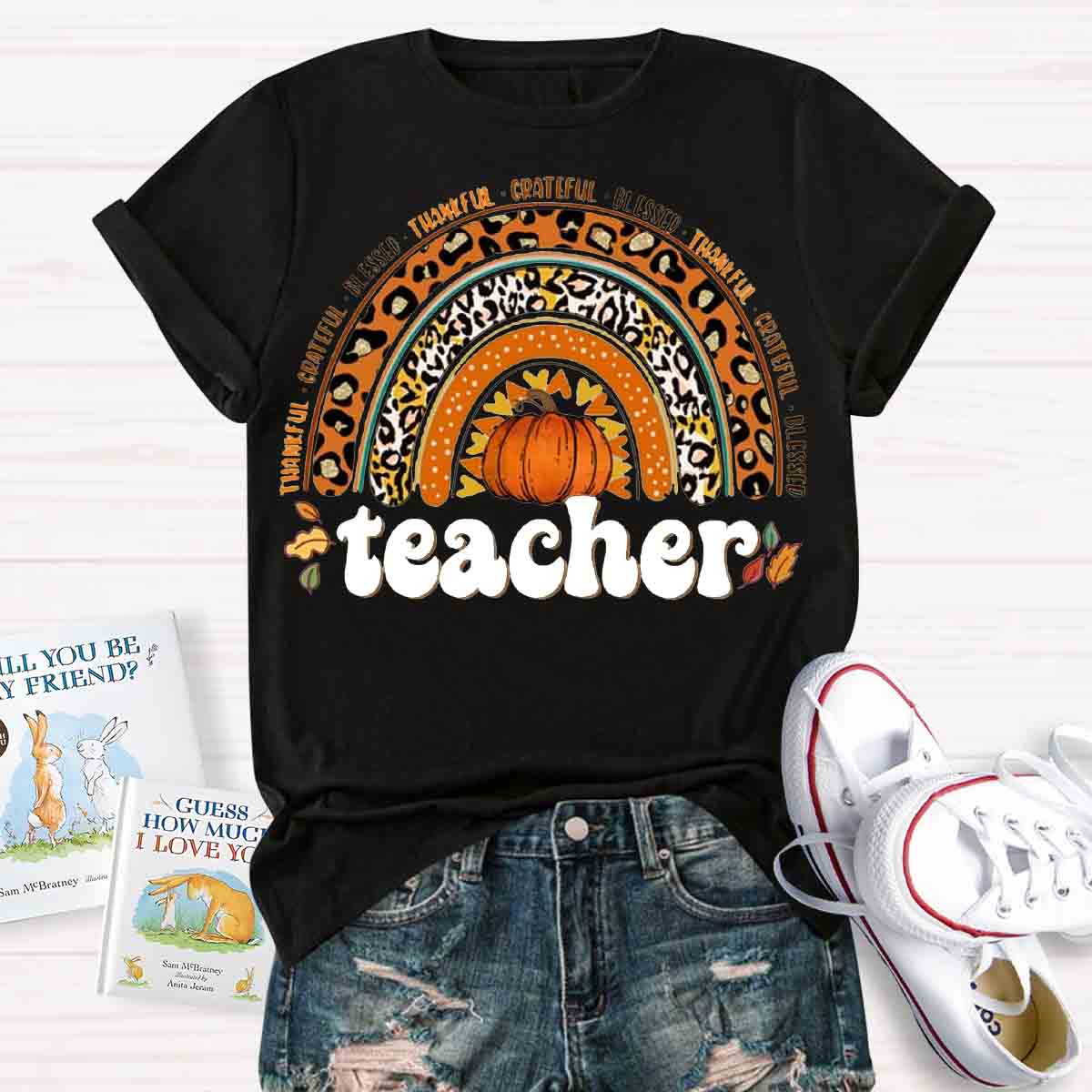 Retro Teacher Rainbow Thanksgiving Autumn T-shirt