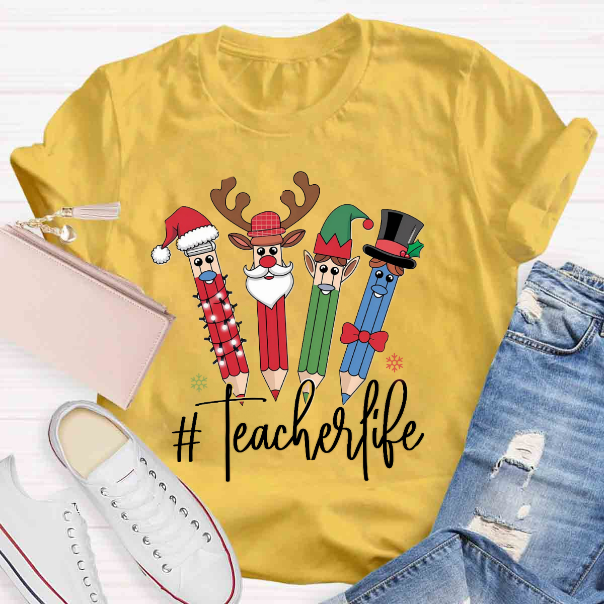 Teacher Life Christmas Pencil Print T-Shirt